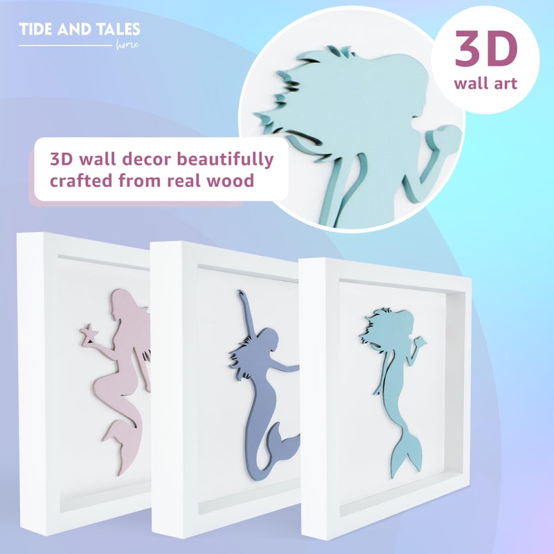 Tide and Tales Elegant 3D Mermaid Wall Decor, Framed Wooden Set of 3 Silhouettes in Pastel Colors, Mermaid Bathroom Decor, Ocean Room Decorations for Girls Bedroom, Ocean Wall Art - Image 5
